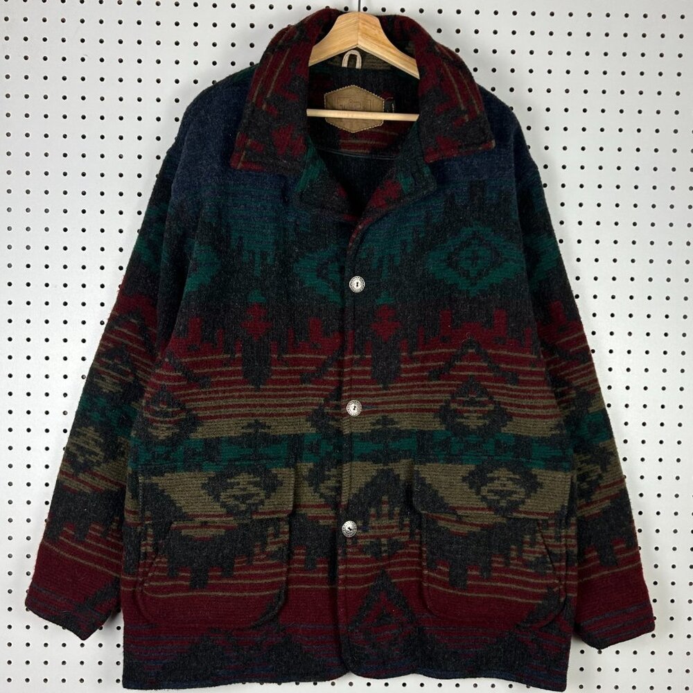 Woolrich Aztec Wool Jacket Large 90s USA Made Blend Navajo Southwest Coat Button